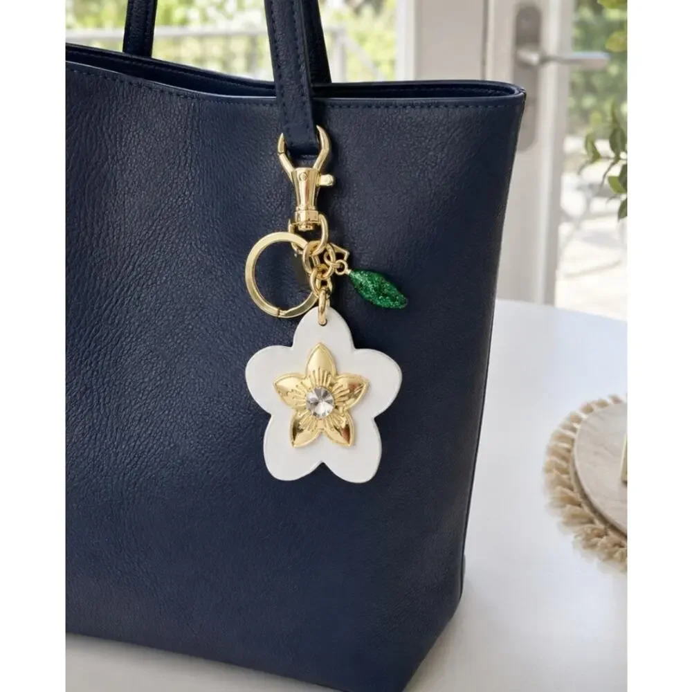 White Vegan Leather Gold Flower Bag Charm New